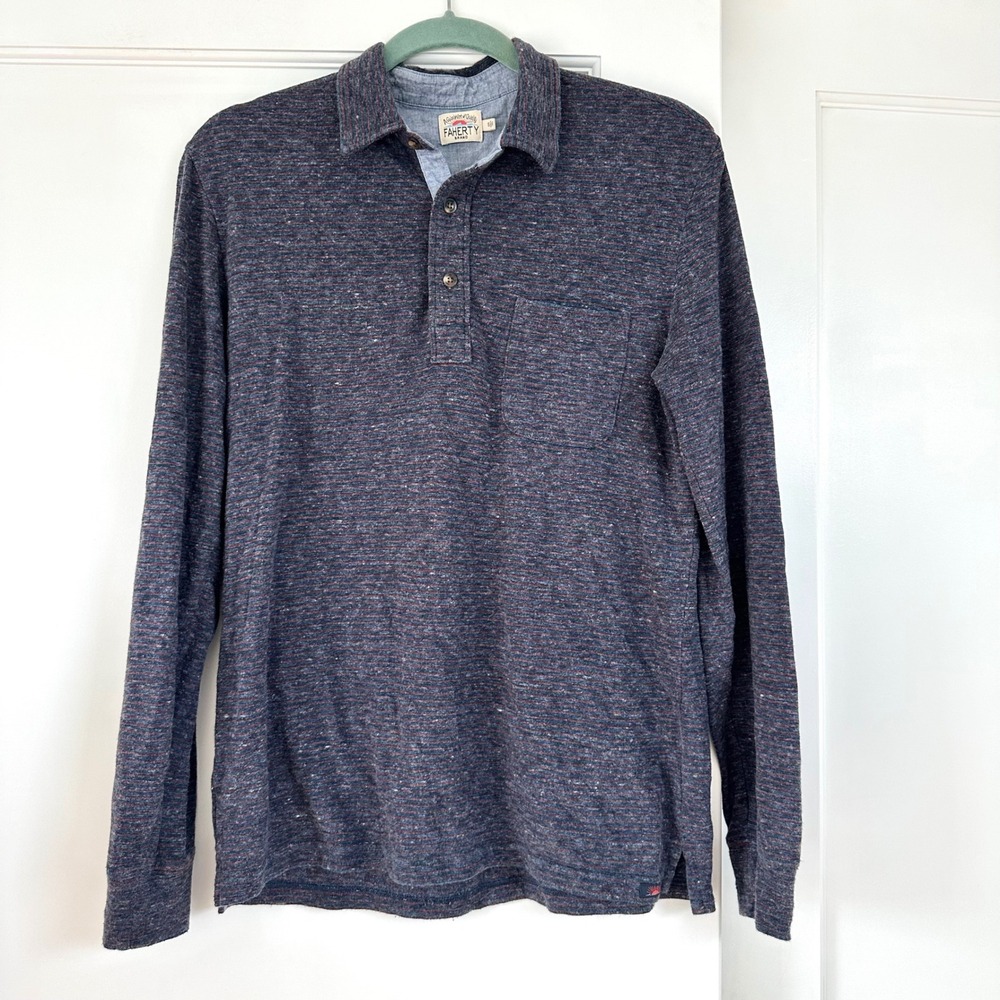 Faherty Brand Mens Long Sleeve‎ Polo Shirt Casual Blue Red Stripe small